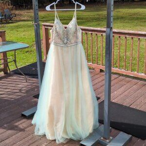 Elegant Cream and Blue Embellished Prom Dress